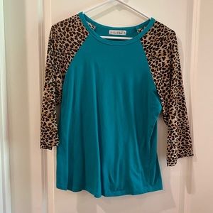 Teal and Leopard Raglan Buttery Soft Top Size S